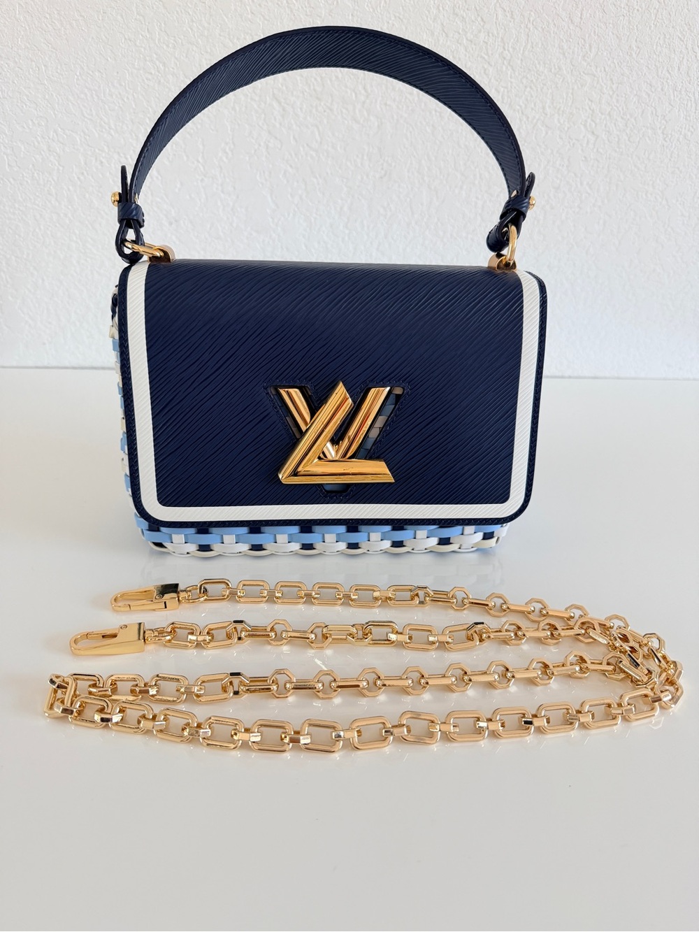 Louis Vuitton Navy and White Epi Twist Small Top Handle Bag with Gold Hardware - Picture 13 of 14